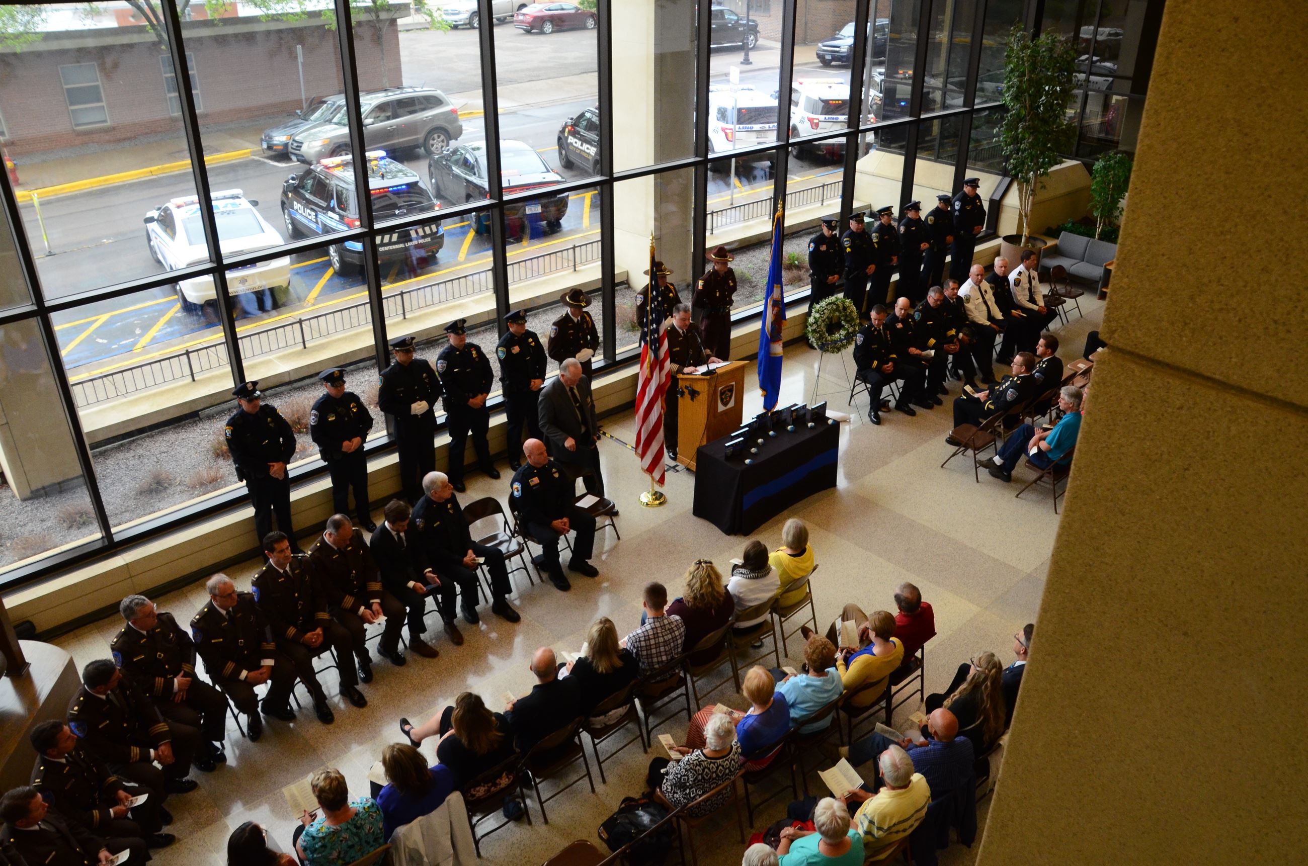 Overhead shot of crowd and speakers