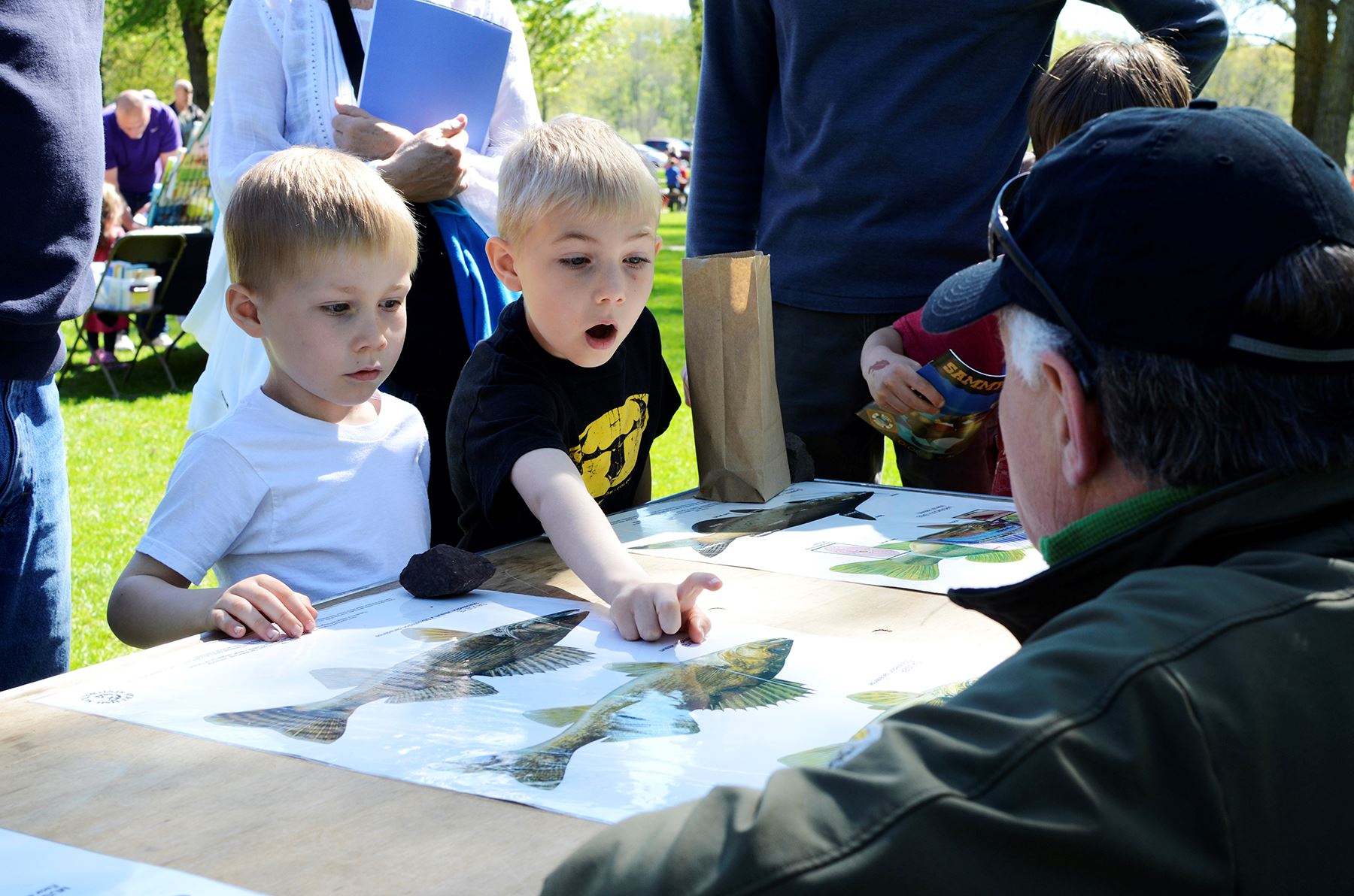 Little boy points at picture of fish