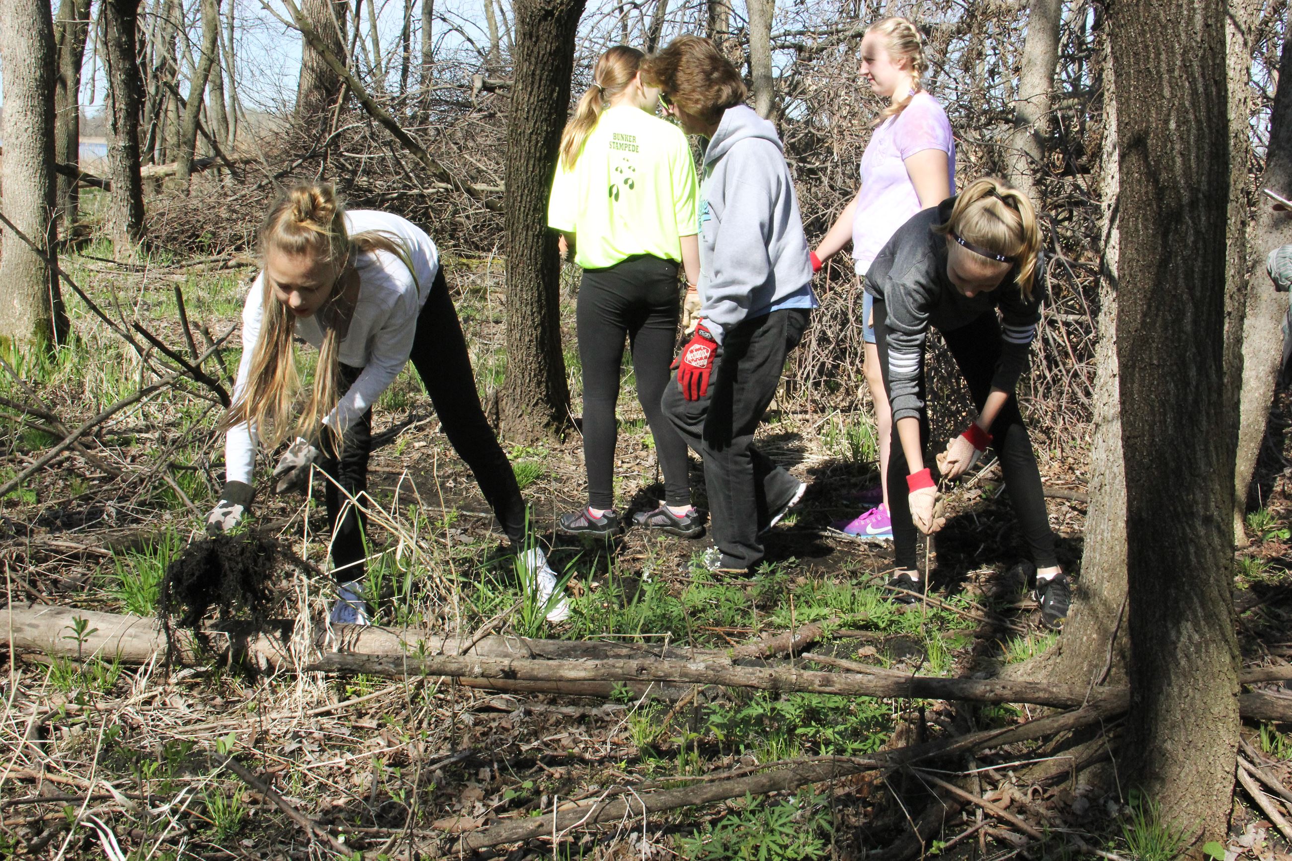 Group of young people clear brush
