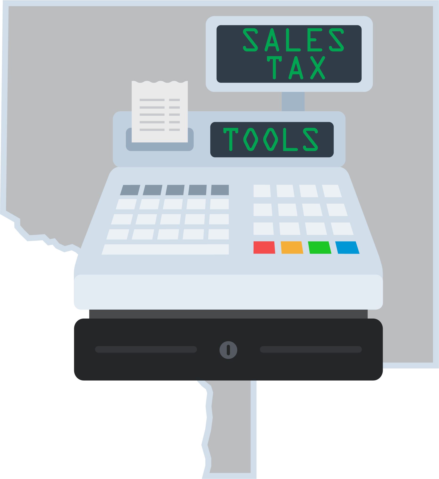 Cash register icon over an outline of Anoka County. Text: Sales Tax Tool